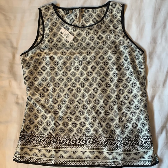 Talbots Tops - Talbots petite silky cream w black print/piping side zip tank top/camisole NWT